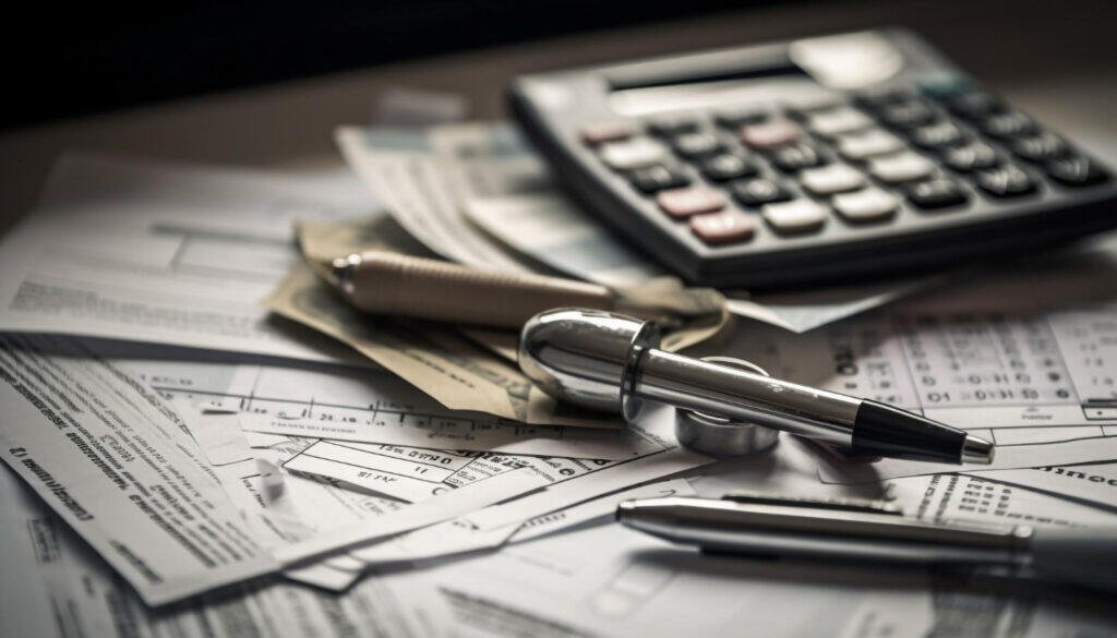 Tax forms, calculator, and pens on a desk. Adelaide taxation strategy.
