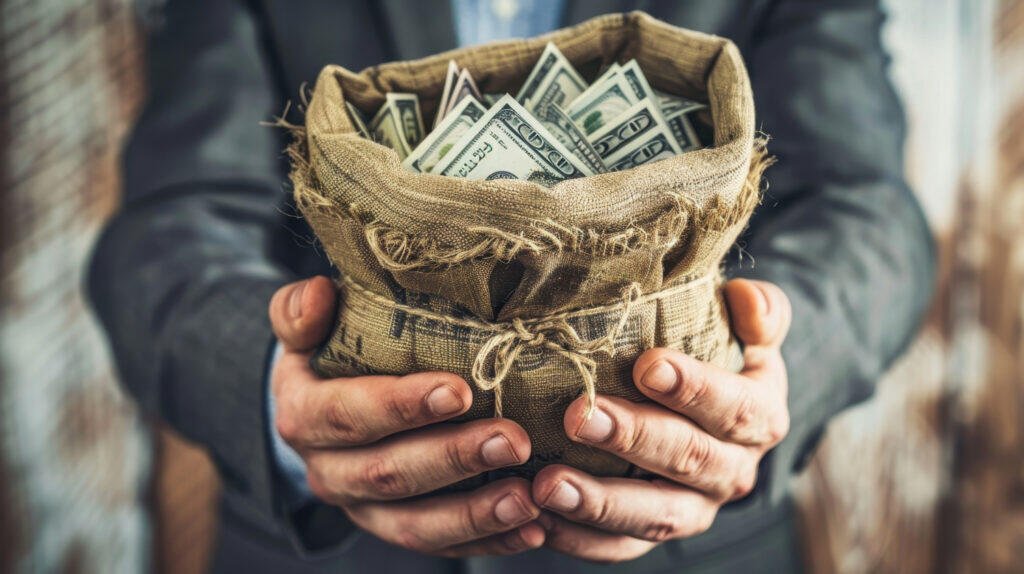 Hands holding a burlap sack full of US dollar bills. Wealth and income protection.