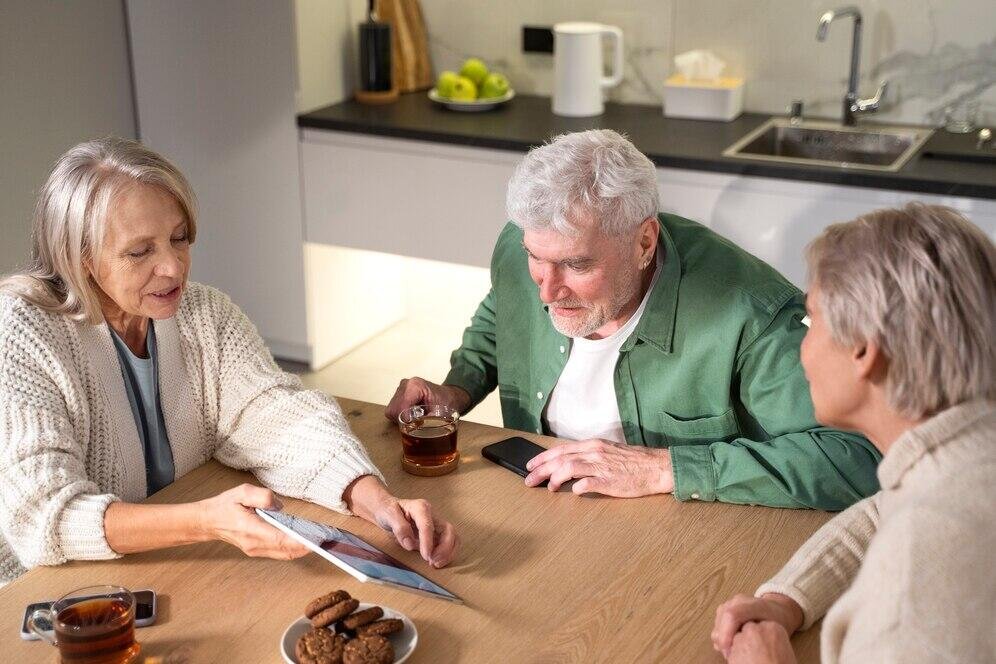 Three seniors review documents together at a table with tea and cookies. Senior life insurance.