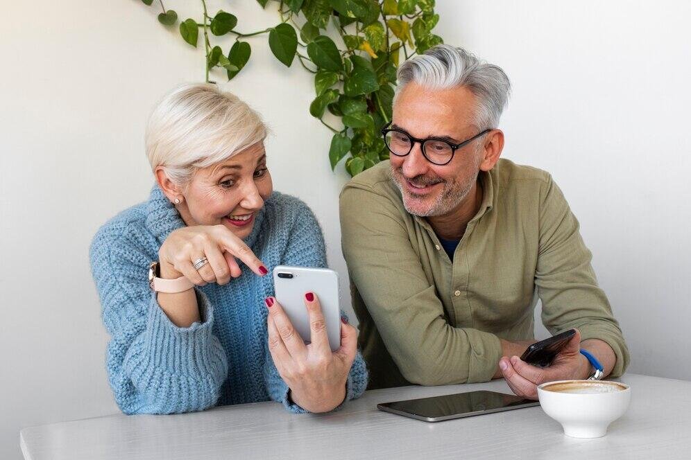 Senior couple reviewing finances on a smartphone, planning for Australian superannuation.