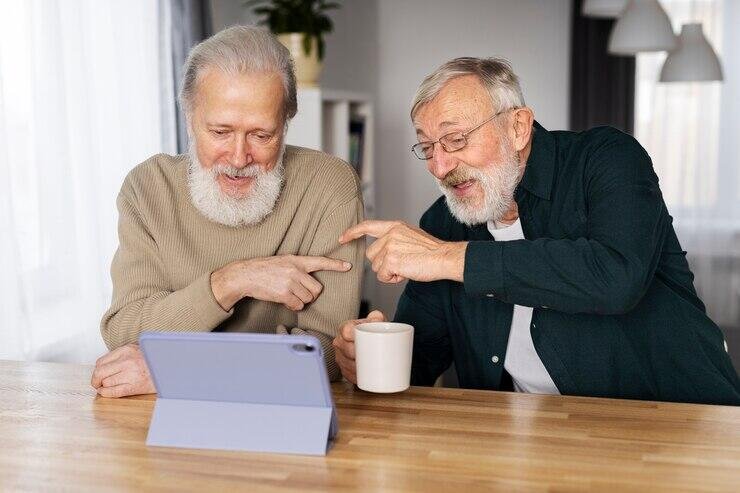 Two senior men in Adelaide discuss business over coffee and a tablet.