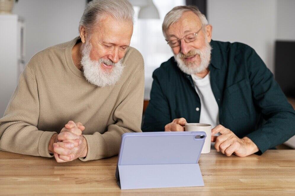 Two senior Australian men review superannuation options on a tablet.
