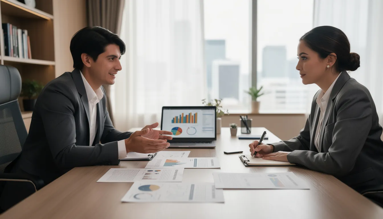 A financial advisor is seated at a desk in a well-lit office, engaging in a discussion with a client, who is reviewing documents related to their investment fund. The atmosphere is professional and focused, highlighting the importance of financial security and the advisor's role in guiding the client through the review process.
