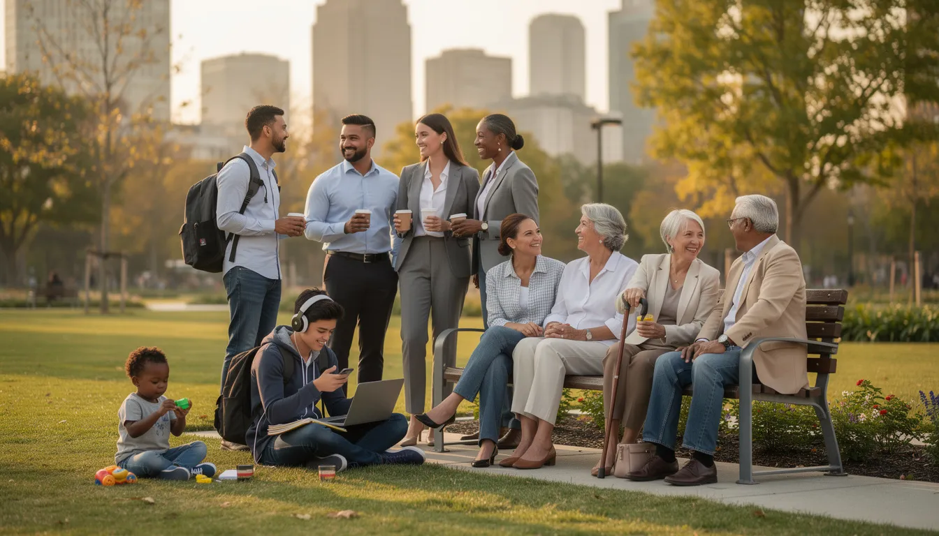 The image depicts a diverse group of people at various life stages, showcasing young professionals engaged in their careers alongside retirees enjoying leisure activities. This representation highlights the journey of life, emphasizing the importance of planning for the future and the security of your connection to resources like www.supersa.sa.gov.au for financial guidance.