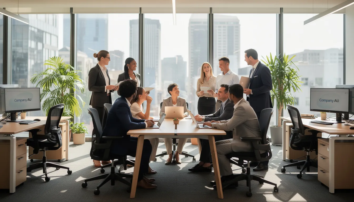 The image depicts a diverse group of professional office workers collaborating in a modern Australian workplace, featuring sleek furniture and technology. The atmosphere is dynamic and focused, reflecting a commitment to performance security and effective teamwork.