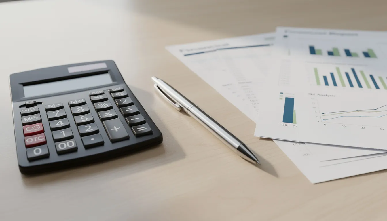 The image shows a calculator, a pen, and various financial documents neatly arranged on a desk, suggesting a workspace focused on budgeting or financial planning. This setup may evoke the importance of reviewing the security of your connection when accessing financial resources online, such as www.supersa.sa.gov.au.